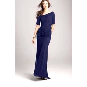 Tadashi Shoji Asymmetrical Ruched mesh gown size Xs..